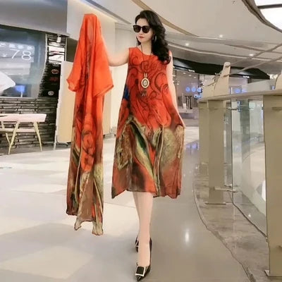 Oversize 5XL Dresses Female Two-Piece Suit 2023 New Spring Summer Dress Female Fashion Elegant Loose Print Mother Suit Dresses