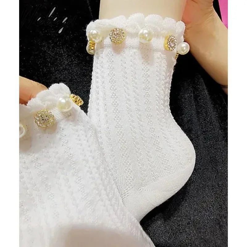 Jirai Accessories Lolita Cute Girl Pearls Rhinestones Socks 2024 Sweet Pearl Diamond Bubble Jirai Kei Mesh Pure Cotton Stockings