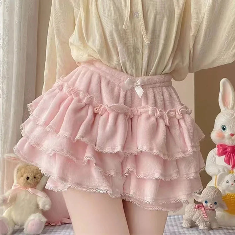 Winter Warm Bowknot Lace Ruffle Pumpkin Bloomers Victorian Plush Shorts Women Girls Lolita Harajuku Y2k Lantern Shorts Pants