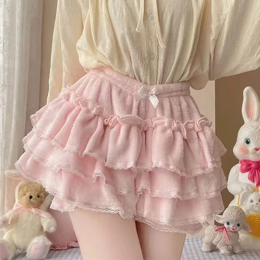 Winter Warm Bowknot Lace Ruffle Pumpkin Bloomers Victorian Plush Shorts Women Girls Lolita Harajuku Y2k Lantern Shorts Pants