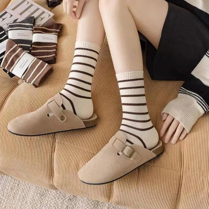 5pairs Cute Patchwork Tube Socks Women Elastic Breathable Autumn Striped Socks All Match Lolita JK Mid Calf Socks Teenagers