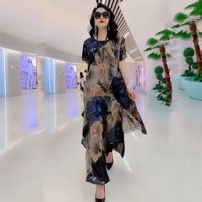 Oversize 5XL Dresses Female Two-Piece Suit 2023 New Spring Summer Dress Female Fashion Elegant Loose Print Mother Suit Dresses