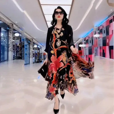 Oversize 5XL Dresses Female Two-Piece Suit 2023 New Spring Summer Dress Female Fashion Elegant Loose Print Mother Suit Dresses