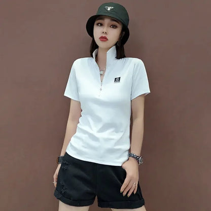 T-shirt Woman Short Sleeve Tee Clothing Green Polo Neck Shirts for Women Tops White Korean Style Polyester Luxury High Quality V