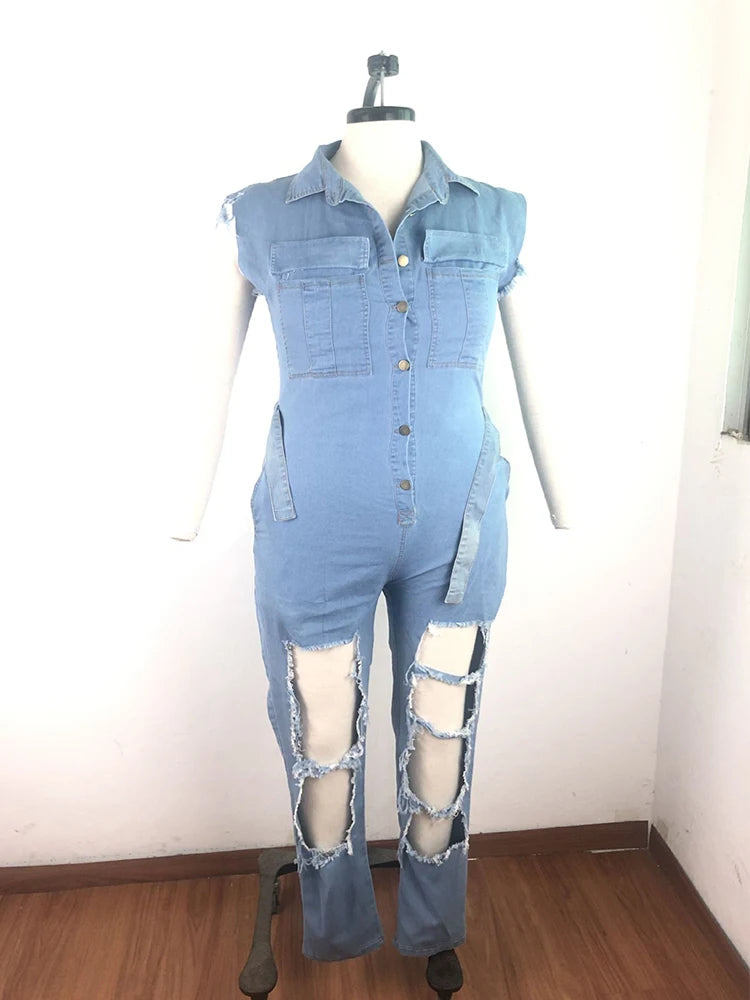 Womens Jeans Plus Size Streetwear One Piece Suit with Sash Denim Elegant Oversized Ripped Jumpsuit Wholesale Bulk Dropshipping